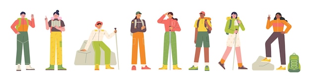 Collection of hiker characters in mountaineering clothes. flat vector illustration