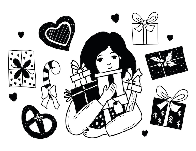 Collection holiday girl with gifts and christmas boxes drawings doodle
