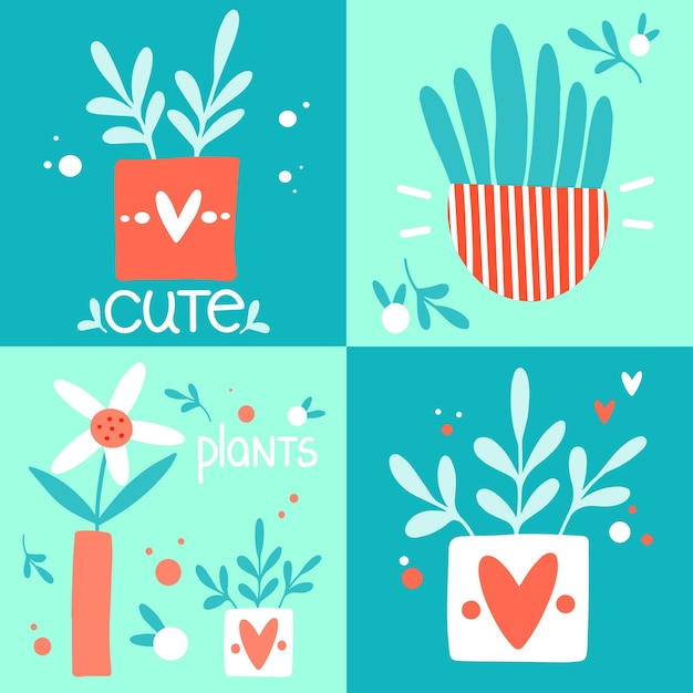 Collection of home plant on blue backgrounds home plants in a pots with ornament images with a flowers in a cute style for different designs