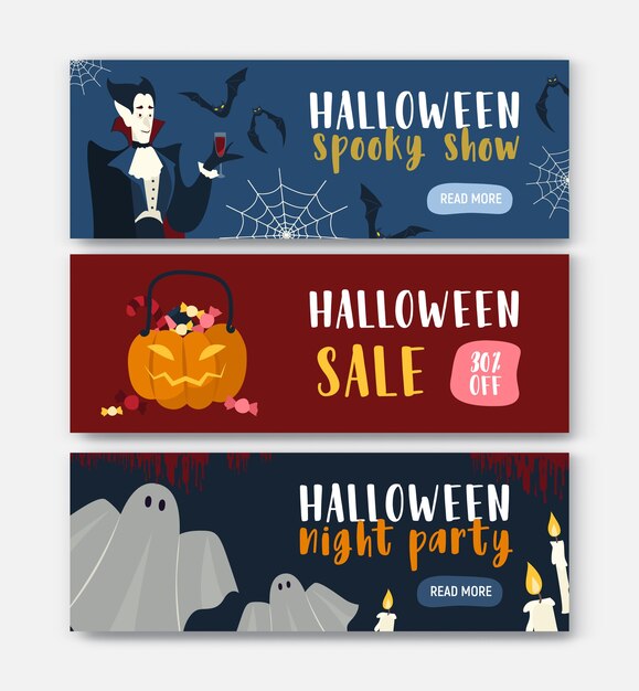 Raccolta di modelli di banner orizzontali con personaggi di halloween: vampiri, jack-o'-lantern, fantasma