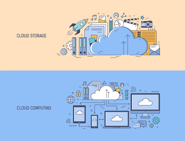 Raccolta di modelli di banner orizzontali con dispositivi elettronici in rete e forniture per ufficio. tecnologia di cloud computing, informazioni, file o servizio di archiviazione dati. illustrazione vettoriale colorata.