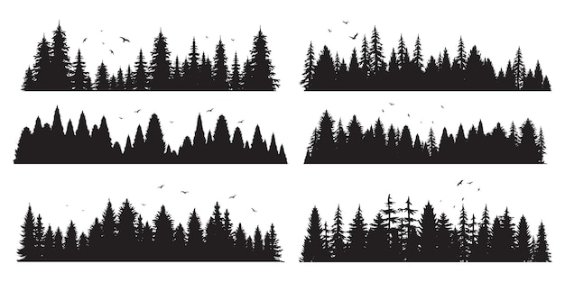 Vector collection of horizontal fir tree silhouettes and flying birds