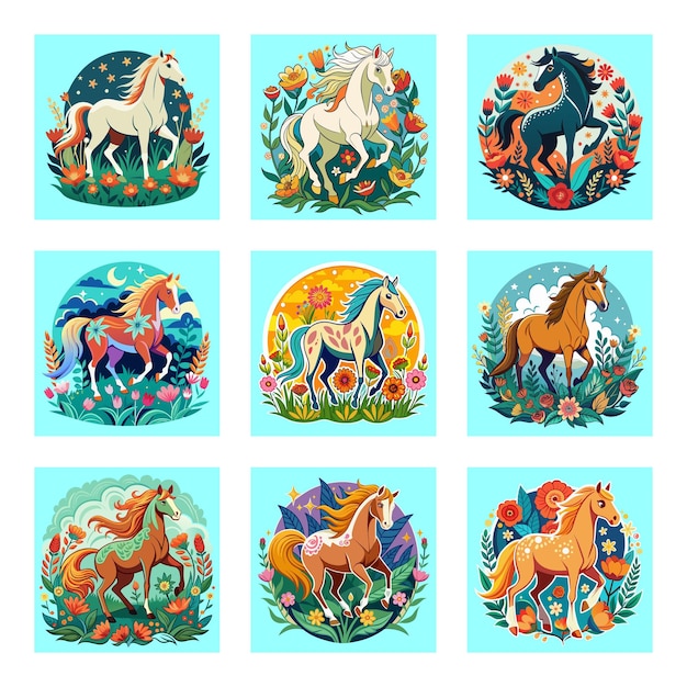 a collection of horse images including horses and flowers