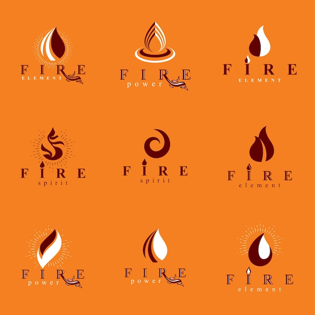 Collection of hot orange fire vector logotypes, nature element. Petrol business corporative emblem for use in graphic design.