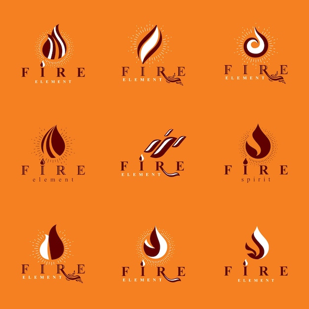 Collection of hot orange fire vector logotypes, nature element. Petrol business corporative emblem for use in graphic design.