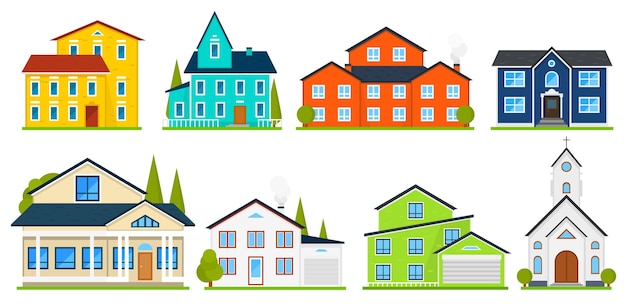 Vector a collection of houses with different colors and shapes.