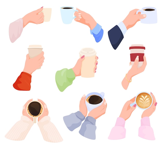 Raccolta di mani umane che tengono bevande calde e caffè che preparano caffè espresso con zucchero e un invigo...