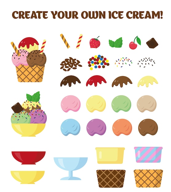 Vector collection of ice cream elements on white background parts of ice cream for creating own disign