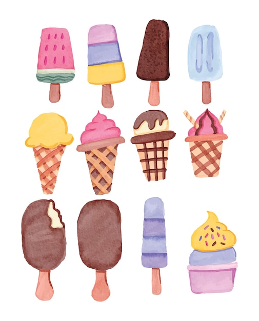 Raccolta di illustrazioni di gelato con stile acquerello