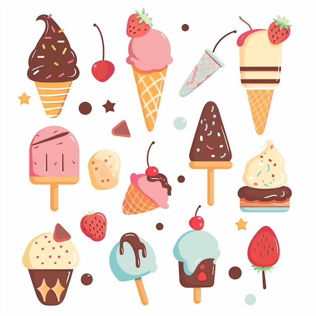Vector a collection of ice creams including one that has a strawberry on it