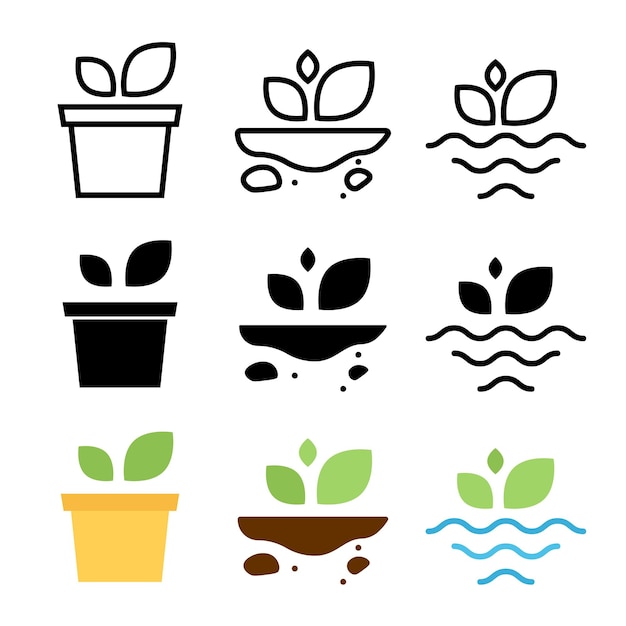 Collection of icons about gardens in three styles