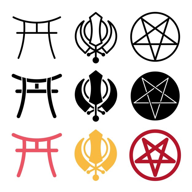 Vector collection of icons about religion and belief in three styles