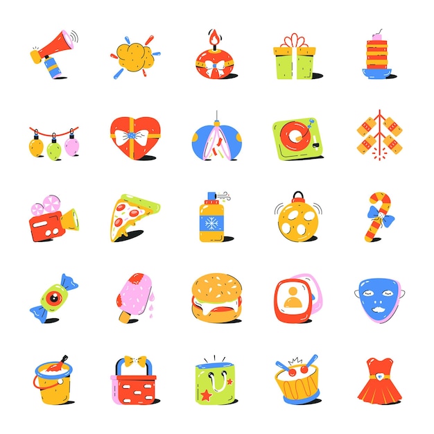 A collection of icons for a birthday party.