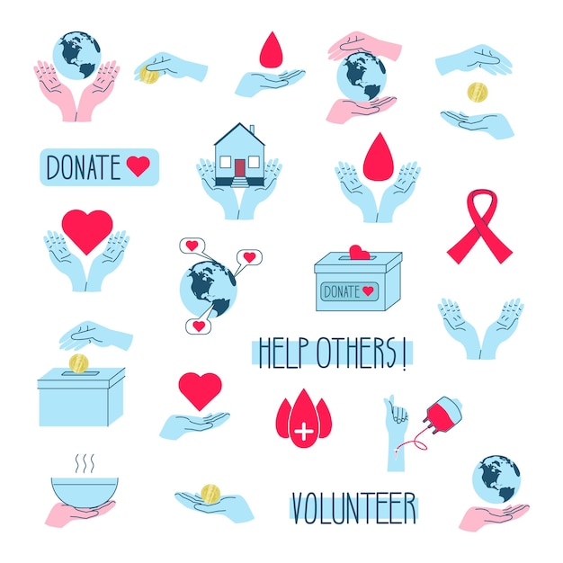 A collection of icons for charity volunteering and blood donation