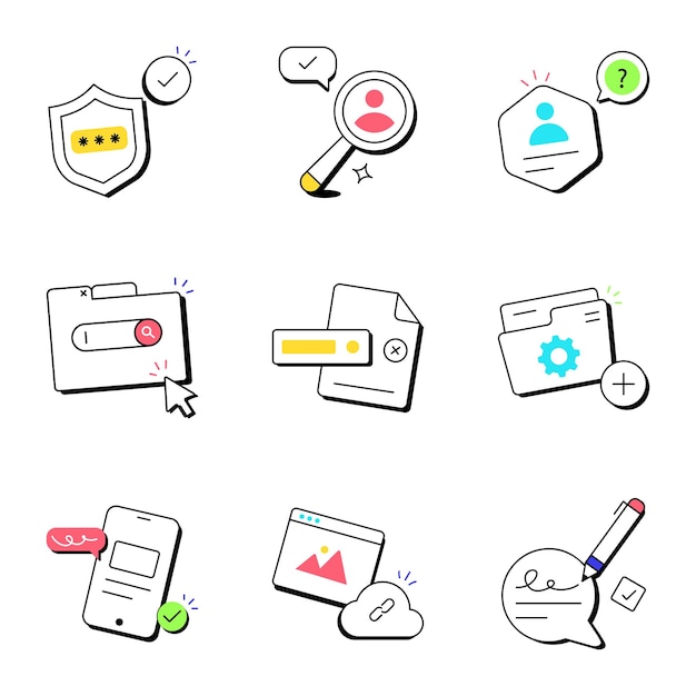 A collection of icons including a file, a folder, a button, and a button.