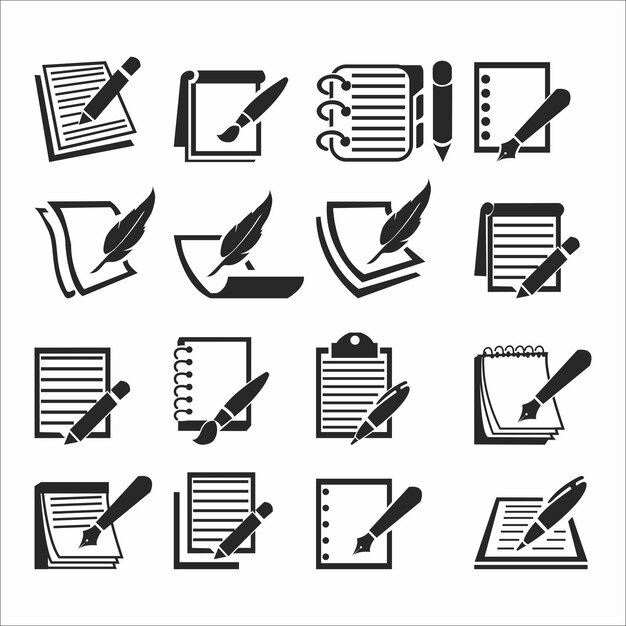 A collection of icons including a pen, a pen, and a pad of paper