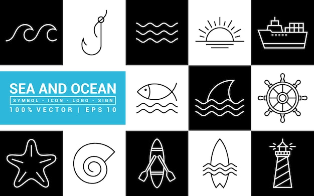 Collection icons of sea and beach marine animals marine vehicles editable and resizable EPS 10