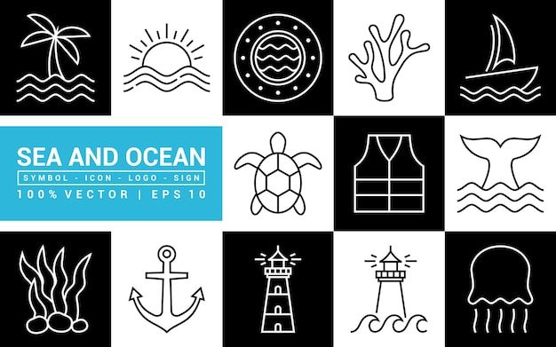Коллекция иконок морских и пляжных морских животных морских транспортных средств, редактируемых и изменяемых по размеру EPS 10