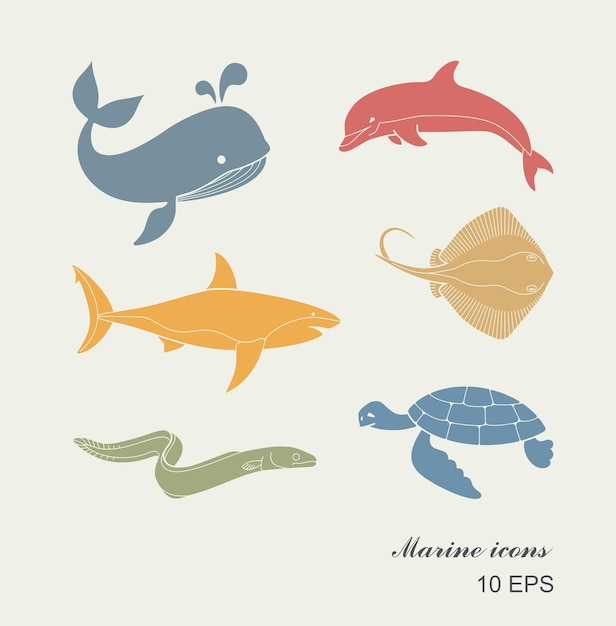 Collection of icons of sea inhabitants in flat style