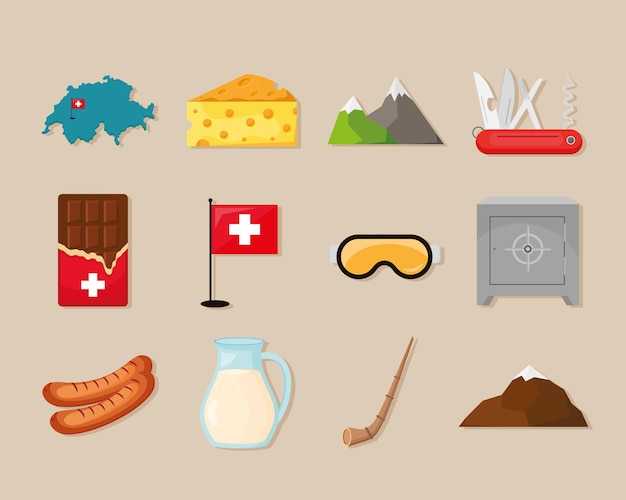 Collection of icons of switzerland