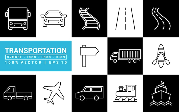 Коллекция иконок транспортного автобуса, самолета, корабля, редактируемый и изменяемый вектор EPS 10