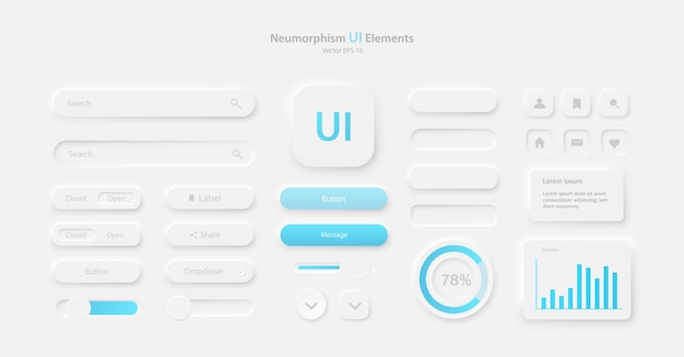 ユーザインタフェース開発のためのアイコンを白と青で集めユーザインターフェース要素のセット