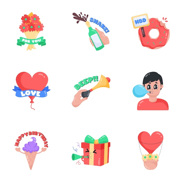 A collection of icons for valentine's day and birthdays.