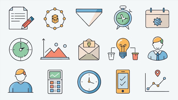 a collection of icons with a clock and a clock on it