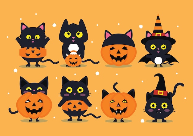 Collection of illustrated Cute halloween cats dressed as pumpkins and witches