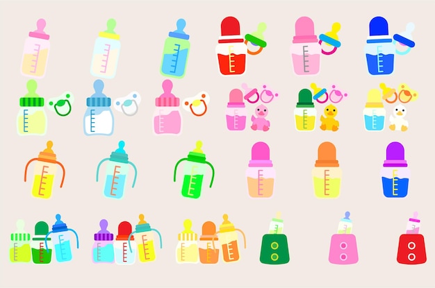 Collection illustration Baby feeding bottle. Nutrition in plastic container for newborn baby .Set of Baby bottle.