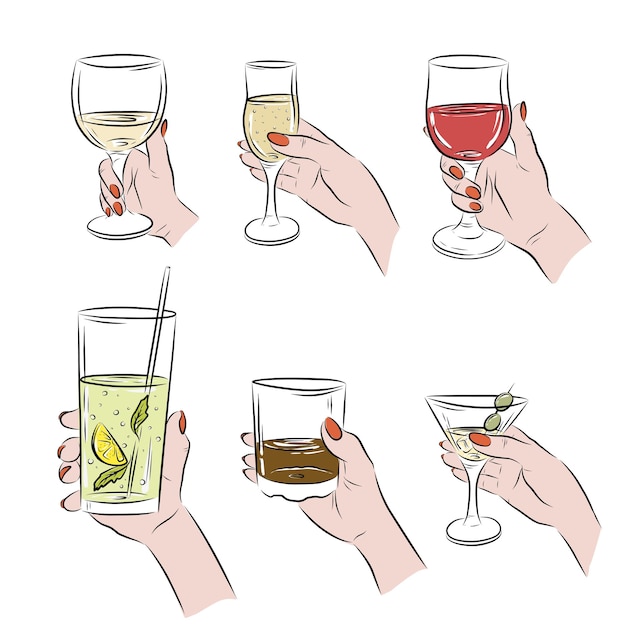 Vector collection illustration glass in hand line glasses bar menu cafe sketch black and