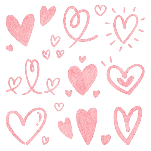 Collection of illustration hand drawn watercolor pink hearts