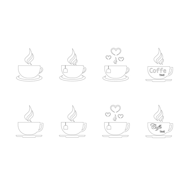 Collection of illustrations of cups for tea and coffee Templates and contours