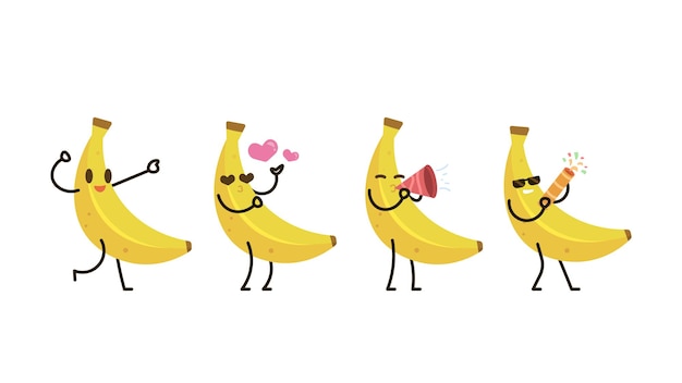 Una raccolta di illustrazioni di carini di banane carini che ballano e festeggiano una festa