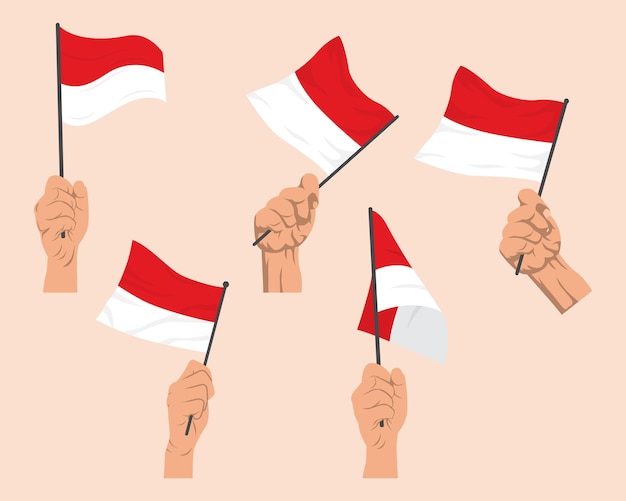 Collection of illustrations hands holding the Indonesian flag