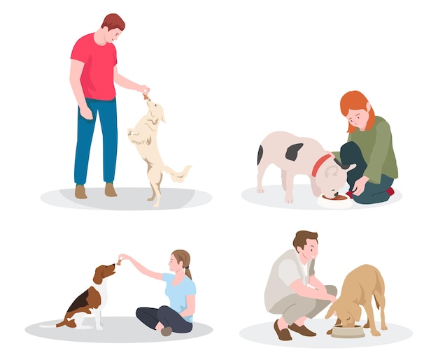 a collection of illustrations of people feeding pet dogs