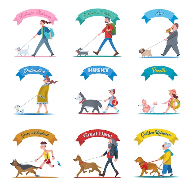 Vector a collection of illustrations of people walking their different types of dogs