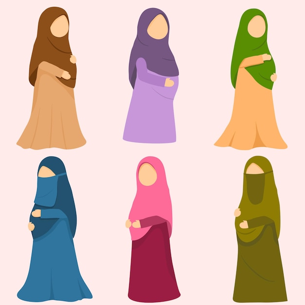 a collection of illustrations of pregnant Muslim women wearing hijab