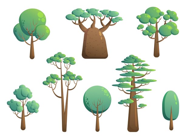 Vector collection of illustrations of trees game art trees baobab pine