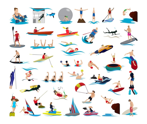 Vettore raccolta di illustrazioni con personaggi coinvolti negli sport acquatici.