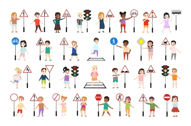 Collection of illustrations with children and road signs