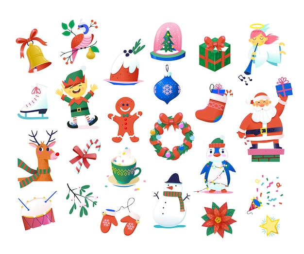 Raccolta di immagini per la stagione natalizia e invernale decorazioni ornamenti cibi e personaggi