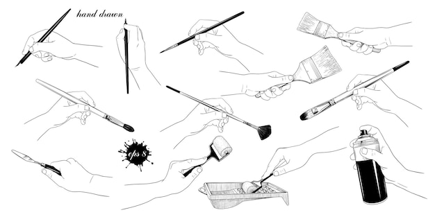 Raccolta di immagini di mani con una varietà di pennelli e strumenti artistici