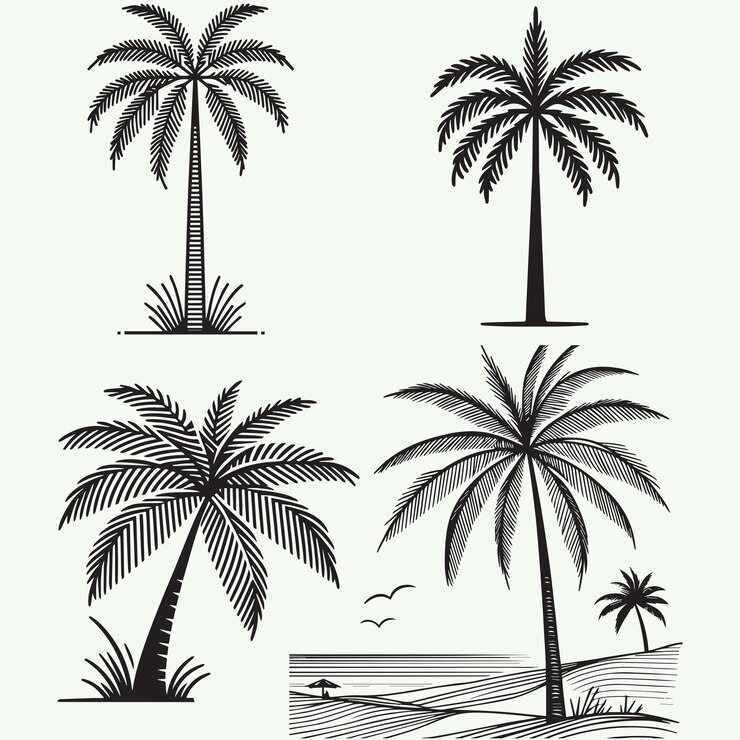 Vector a collection of images of palm trees one of which is drawn with a dog