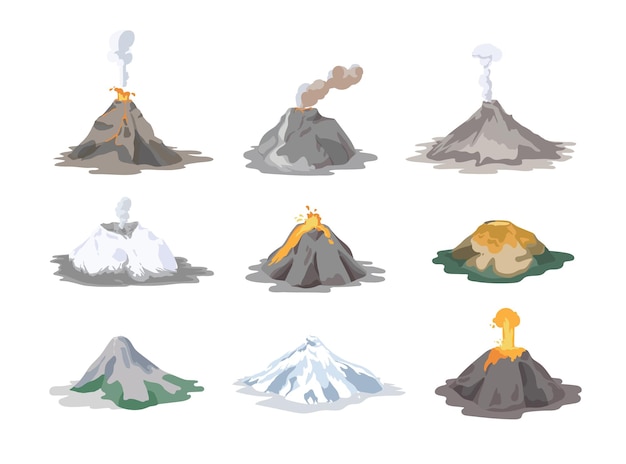 Vector collection of inactive and active volcanoes erupting and emitting smoke, ash clouds and lava isolated on white background. bundle of volcanic eruptions. colorful vector illustration in flat style.