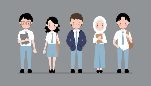 Collection of Indonesian high school students in uniform illustration