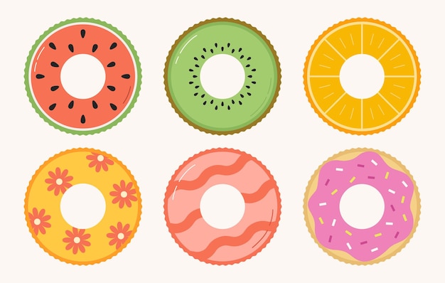 Collection of inflatable swimming rings Cute colorful rubber toys Watermelon kiwi orange donut