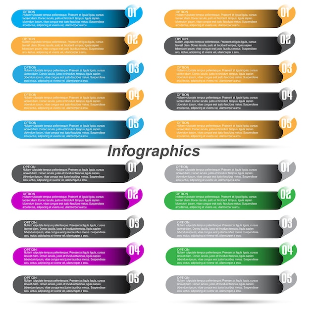 Infografica di raccolta con banner di passaggi e opzioni per la progettazione aziendale e modello di sito web