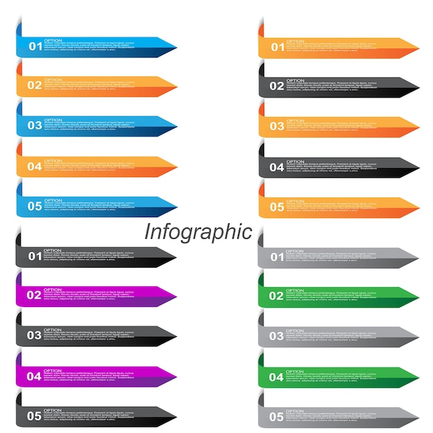 Raccolta di infografiche con passaggi e opzioni