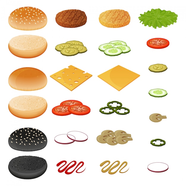 Collection of ingredients for burger, vegetables, cutlet, cheese, sauce and bun. object for packaging, advertisements, menu. isolated on white.